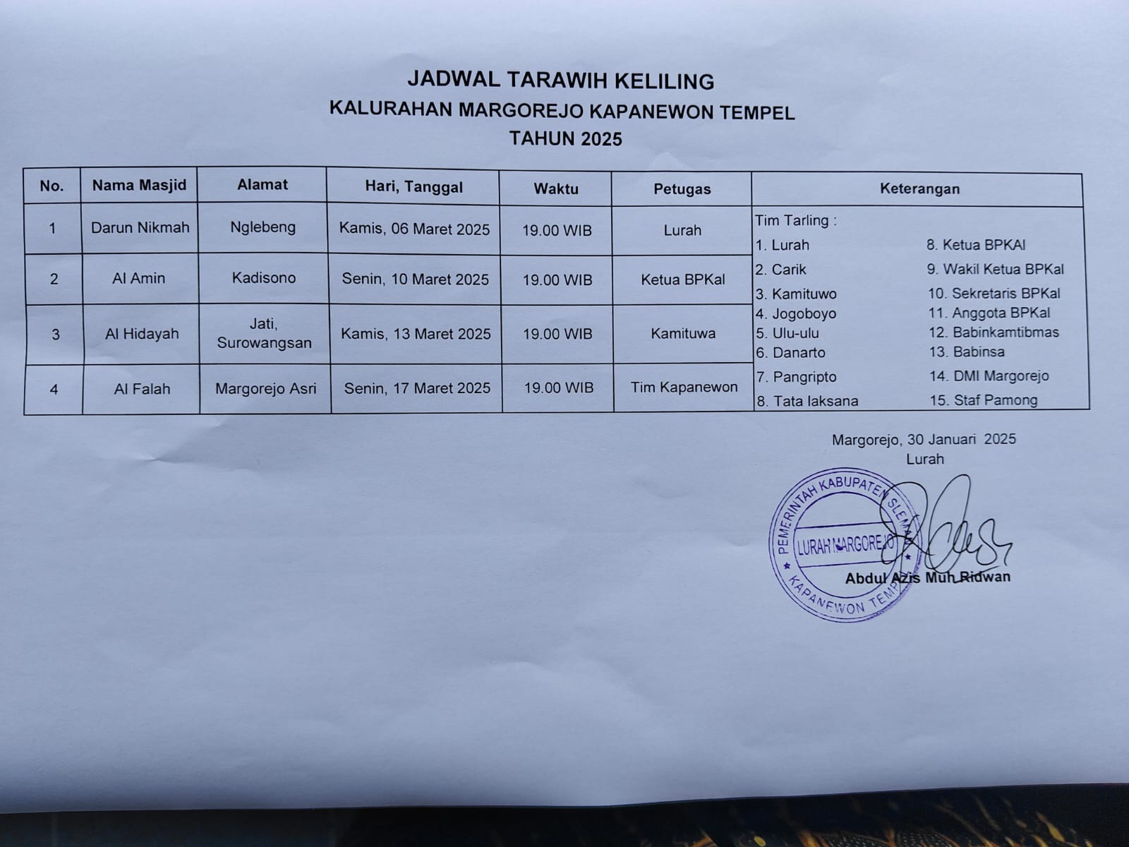 JADWAL TARAWIH KELILING 2025